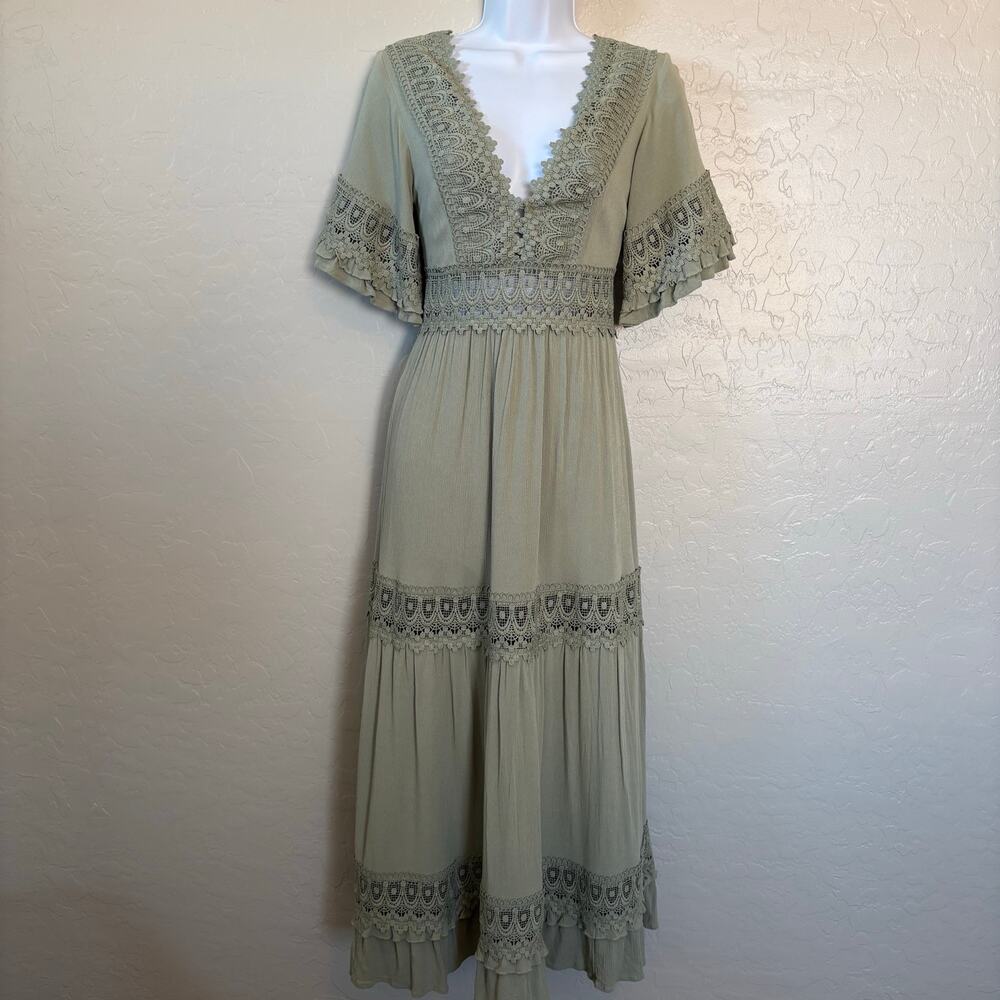 Riley & James Boho Tiered Midi Dress XS Sage Green Crochet Lace Festival Cottage
